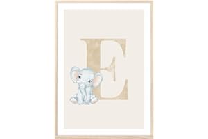 MeinBaby123® Poster con lettere, formato DIN A4, per cameretta dei bambini, decorazione per la cameretta dei bambini, idee regalo per la nascita, iniziale E (simpatico elefante)