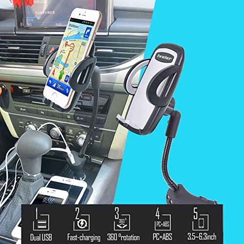 iVoler Supporto Portatile per Auto Ricarica Caricabatterie USB(Uscita Massima 3.1A), 2 in 1 Caricabatteria per auto con Rotazione a 360Â° per iPhone X / 8 / 8 Plus / 7 / 7 Plus / 6(s) / 6(s) Plus / SE / 5s / 5, Samsung Galaxy S9 / S9+ / S8 / S8+ / S7 / S7 Edge / S6 / S5 / J5 / A5, Asus Zenfone 3 / 4, Huawei, Google Nexus, LG, Nokia, Blackberry, Xiaomi, Lenovo, HTC, ecc. - Grigio/Nero