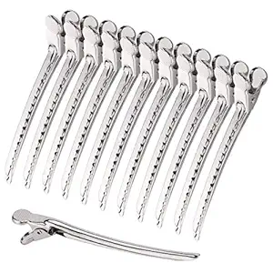 FOK Alligator Prong Curl Pin Duckbill Clips For Hair Dressing Salon Use - Silver, 12 Pcs