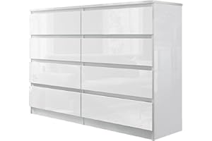 TRIOBLADE Modern High Gloss Chest of Drawers Contemporary 8 Drawer Dresser Storage Cabinet for Bedroom Living Room Furniture White 120 (L) x 99 (H) cm (White 8 Drawer Dresser)