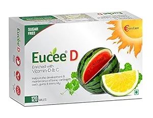 Eucee Vitamin D With C -Sugar Free Chewable 120 Tablets - Immunity-Bones-Muscles Strength Vegan For Kids Men Women -Vitamin D (Watermelon)