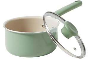 Redchef Ceramic Nonstick Saucepan with Lid,16cm Small Cooking Pot, Non Toxic Sauce Pans for Kitchen, Cool Handle PFAS Free Compatible with All Cooktops, Green