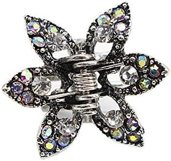Shengxueer 1pc Metal Small Hair Claw Barrette Crystal Flower Hair Clip Accessories (Antique silver- Clear)