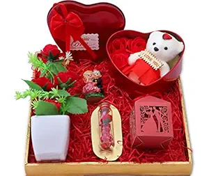 Valentines Gift/Valentines Day Gift for Girlfriend/boy Friend-Golden Tray+Chocolate Box+3pc Roses and Teddy Bear in Heart Box+Small Couple Figurine+Message Bottle+Valentines Card