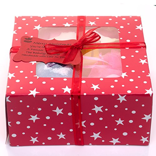 Bathbomb Pamper Hamper Treat Christmas Box with Merry Christmas tag and Red Ribbon