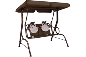 vidaXL Kids Brown Fabric Swing Bench - Sturdy Outdoor Garden Hammock Chair with Sunshade Canopy, Comfy Lounge Seating