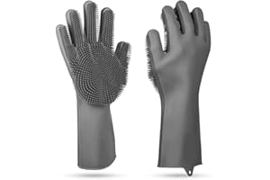 ONLINEFORU LTD Magic Cleaning Gloves Grey Reusable Silicone Cleaning Gloves Dishwashing Scrubber ，Dish Wash Scrubbing Sponge Gloves with Bristles, Great for Washing