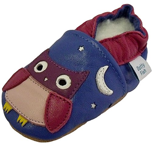 Soft Leather Baby girl Shoes with Suede Soles by Dotty Fish Cornflower Blue and Pink Owl design - 2-3 years