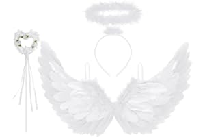 Newthinking Angel Wings and Halo for Adults Kids, White Feather Wings Halloween Angel Fairy Costume Cosplay for Women Girls, 65x35cm