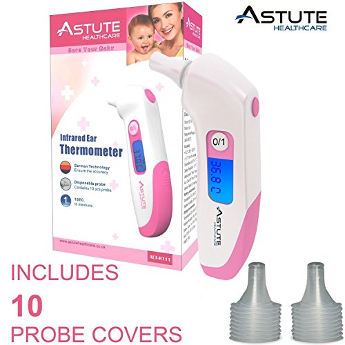 Infrared Ear Thermometer for Baby, Adult, Child, High Clinical Accuracy, Stores Last 12 Temperatures taken / High Temperature Fever Alarm / Easy to Use / This high quality Thermometer allows you to take temperatures in 1 second. FREE Protective Storage Case + 10 Probe cover Free. (PINK COLOUR)