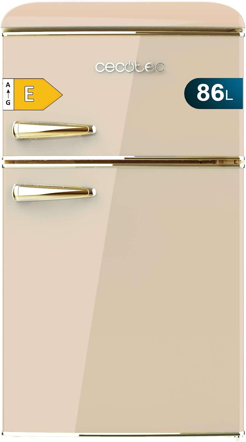 Cecotec Nevera Pequeña Frigorífico 2 Puertas Retro 86L Bolero CoolMarket 2D Origin 86 Beige E. 89,3cm de Alto y 48,7cm de Ancho, Clase Energética E, Icebox, Luz Interior y Tirador Dorado, Beige