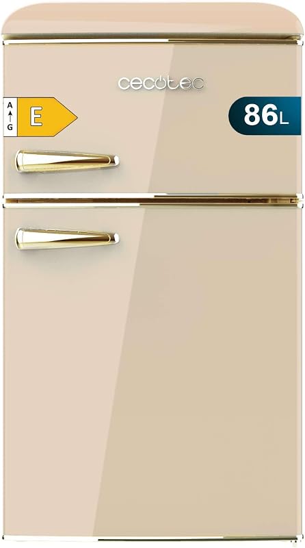 Cecotec Nevera Pequeña Frigorífico 2 Puertas Retro 86L Bolero CoolMarket 2D Origin 86 Beige E. 89,3cm de Alto y 48,7cm de Ancho, Clase Energética E, Icebox, Luz Interior y Tirador Dorado, Beige