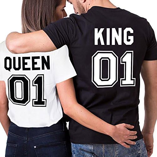 Couple Shirts T-Shirt King Queen Matching Cotton Valentine Wedding Anniversary Gift Printed Funny Love Tee(BK-S+WH-XL)