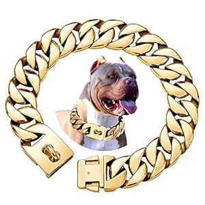 txprodogchains Big Dog Chain Collar with Buckle Strong Heavy Duty 32MM Thick Wide Stainless Steel Metal 18K Gold Cuban Link Choke Chain Collar for Medium Large Dogs (20