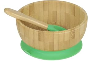 BIOZOYG Juego de bols de bambú redondo I Bol con ventosa y cuchara - Certificado FSC I bol madera de bambú para niños - Tazón de papilla y de cereales para bebés I Vajilla de bambú redonda verde