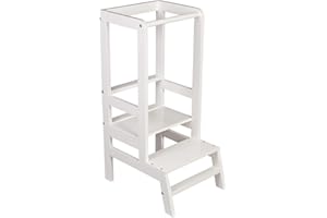 POLINI HOME Polini Kids Lernturm Learning Tower, Massivholz Birke, Weiß Lackiert, Mitwachsend und Verstellbares Trittbrett, Stabil bis 60kg, Ideal für Kinder ab 1 Jahr