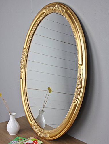 elbmöbel Wandspiegel Oval in gold antik mit leichter Patina 47 x 57cm aus Holz mit Verzierungen im Landhausstil - 2