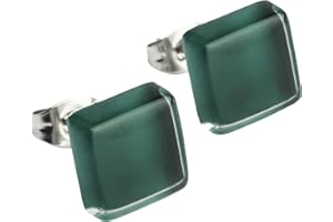 ALEXASCHA® Small stud earrings with square glass stones, hypoallergenic stainless steel studs, sustainable upcycling jewellery for him and her, 10 mm x 10 mm x 3 mm (malachite green)
