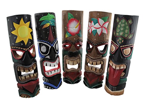 2 Maschere Tiki Legno Hawaii 30cm - Decorazione Parete, Stile Isolano Fatto A Mano - Foto 7