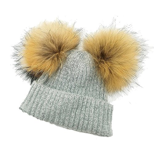 CCZZ Fille/Garcon Hiver Pompom Boule Bonnet tricoté Chaud Laine Chapeau Pompon Detachable en Fourrure Raccoon
