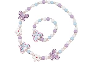 Damaiyyy Holz Kinder Schmuck Set,Schmetterling Freundschaftsarmband Schmetterling Perlen Halskette und Armband Geschenk für Mädchen Geburtstag Party Dress Up Kostüm Zubehör