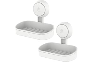 LEVERLOC Soap Dish Suction Cup NO-Drilling & Removable Suction Cup Soap Dish Holder Wall Mounted Max Hold 5kg Wall Soap Dish Waterproof for Bathroom & Kitchen Bath Soap Dish White in Plastic, 2 Pack…