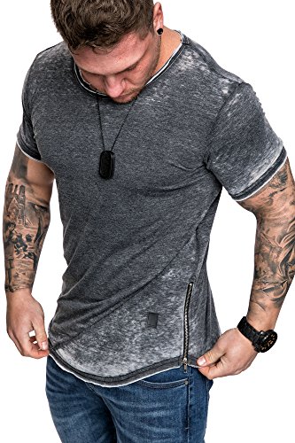 Amaci&Sons Oversize Herren Vintage Verwaschen T-Shirt Zipper Crew Neck Rundhals Basic Shirt 6085 Schwarz XL