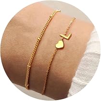 Bracelet Chaîne Femme Avec Pendentif Lettre A-Z Et Cœur - Acier Inoxydable, Taille Réglable 21 Cm - Cadeau Anniversaire, Saint-Valentin