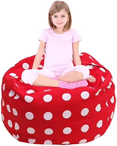 Stuffed Animal Storage Bean Bag Chair, Premium Canvas and Extra Long Zipper Red and White Polka Dot-38"