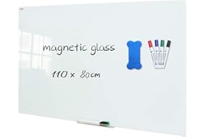 XIWODE Magnetic Glass Dry Erase Board, 110 x 80cm, Wall Mounted Tempered Glass Whiteboard, Frameless, White Frosted Surface