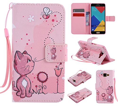 Feeltech Samsung Galaxy A510/A5 2016 Hülle PU-Leder und Brieftasche Bunte Muster Fall mit Magnetverschluss, Hybrid-Kickstand mit Stand-Funktion, schlagen Sie schützende weiche TPU Stoßstangenabdeckung und Kreditkartenhalter für Samsung Galaxy A510/A5 2016 Handgelenk Bügel-Buch-Art-Geldbeutel-Tasche mit 2 In 1 Berühren Sie Stift – Rosa Katze - 8