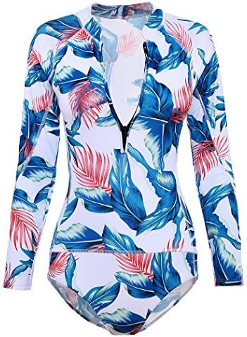 Women Slim Fit One Piece Swimsuit Board Swimwear leaf pattern push up (Medium, Blue)