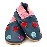 Weiches Leder Babyschuhe mit Wildledersohle Dotty Fish. Marineblau Mehrfarbig Punkte-Design Mädchen - 2
