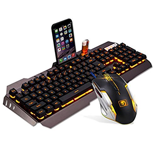 Familizo Clavier Ergonomique de Jeu D'USB de Rétroéclairage LED + Jeux de Souris de Gamer + Tapis de Souris (455 (L) x 175 (W) x45 (H) mm, Noir)