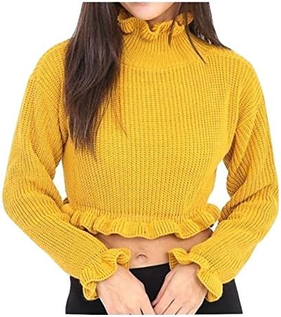 Patook Women Long Sleeve Polo Neck Knitted Cropped and Frilled Jumper Top