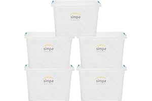 SIMPA 80 Litre 80L Stackable Plastic Storage Box with Clear Click Lock Closure Lid - 39cm (H) x 58cm (L) x 40cm (W) - Set of 5