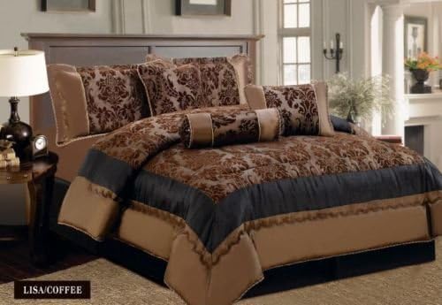 Kelly 7 Piece Damask Flock Quilted Bedspread Comforter Complete Bedding Duvet Set - Double & King Size (King Bed Size, Kelly Coffee)