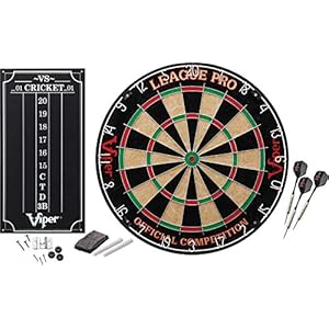 Viper League Pro Regulation Bristle Steel Tip Dartboard Starter Set with Staple-Free Bullseye, Radial Spider Wire, High-Grade Sisal with Rotating Number Ring, Chalk Cricket Scoreboard, Steel Tip Darts