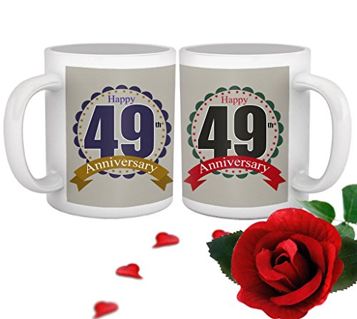 TIED RIBBONS 49th Wedding for Parents Father Mother Grand Father Grand Mother Collegue Relatives Set of 2 Printed Coffee Mugs with Rose(325ml Each,Multicolor)
