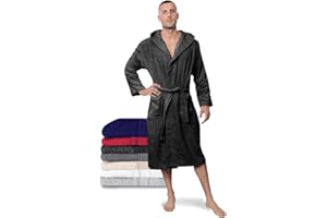 Twinzen Peignoir de Bain Homme - 100% Coton avec Capuche - Certifié Oeko-TEX® - Robe de Chambre Eponge 2 Poches, Ceinture - Doux, Absorbant et Confort