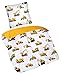 Produktbild Aminata Kids - Kinder-Bettwäsche-Set 135-x-200 cm Bagger-Motiv BAU-Fahrzeuge Auto-s Betonmischer 100-% Baumwolle Renforce Weiss gelb