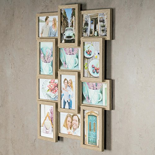 levandeo Holz Bilderrahmen Farbe: Eiche gekälkt hochwertig verarbeitet für 12 Fotos 10x15cm mit Glasscheiben – Querformat und Hochformat Fotogalerie Collage Fotocollage Bildergalerie Fotorahmen - 2