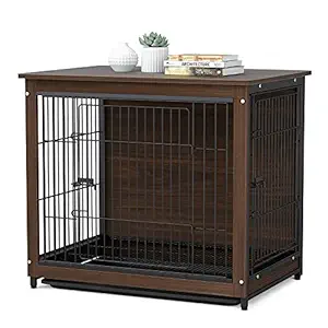 BingoPaw Wooden Dog Crate Pet Kennel with Floor Tray,Pet Crate End Table with Two Double Doors,Dog Training Crate Kennel with Detachable Top, Indoor Dog House for Medium and Large Dog