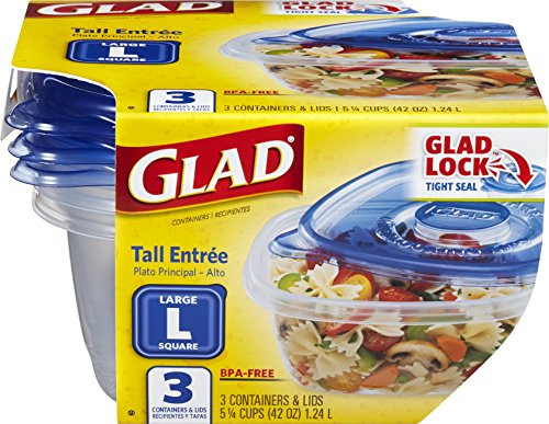 GladWare Tall Entrée Food Storage Containers, Large Square Holds 42 Ounces of Food, 3 Count