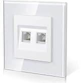 BSEED Double CAT6 Network Socket With Glass, Wall Plug with Hook,E-Series,Two Phone,86mm White