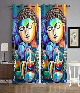 Webicor 3D Digital Printed Curtain Polyester Fabric Door Curtain for Bed Room Kids Room Living Room Window/Door/Long Door (Set of 2) Buddha Blue