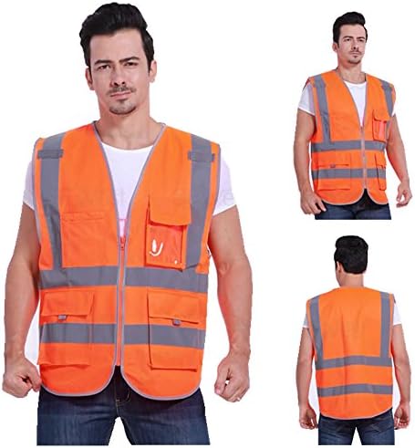 Multi-fuction High-visibility reflective vest fluorescent safety jacket vest with zipper reflective tape strip 4 pockets (XL, Fluorescent orange)
