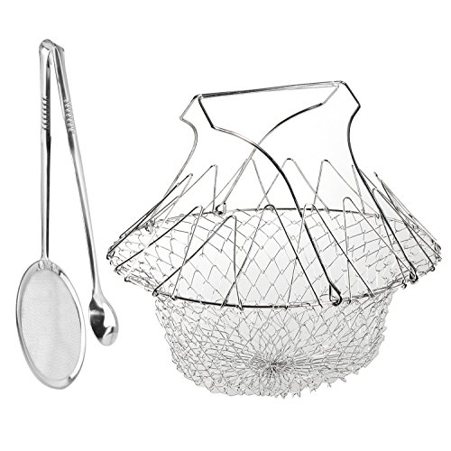 Chef Basket faltbar Edelstahl Kitchen Craft Pommes Frittierer und Korb Dampf Spülen Zugentlastung Bratpfanne Korbventil Net Küche Werkzeug für Chips Fried Lebensmittel oder Obst