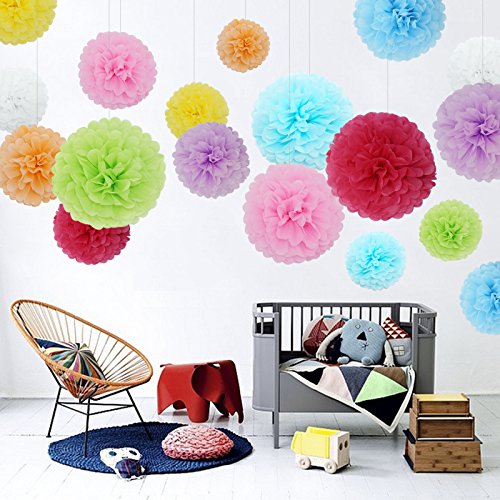 Feelshion 18x Seidenpapier Farbig Pompons Set als Geburtstag Kindergeburtstag Hochzeit Gartenparty Dekoration