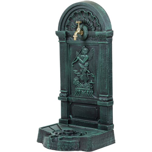 Standbrunnen aus Gusseisen mit Wasserhahn, 76x35x30cm, 22,5kg schwer, dunkelgrün/schwarz, Wandbrunnen
